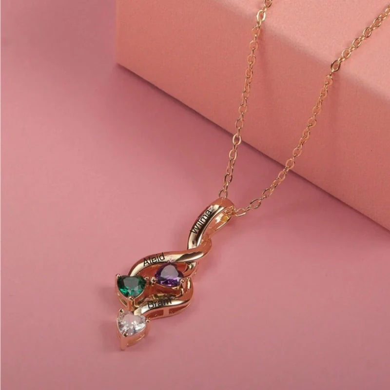 Personalized Heart Birthstone Inlaid Engraved Necklace with Names - Mother's Day Gifts
