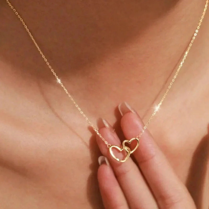 Double Ring Linked Heart Pendant Necklace - Gifts for Her