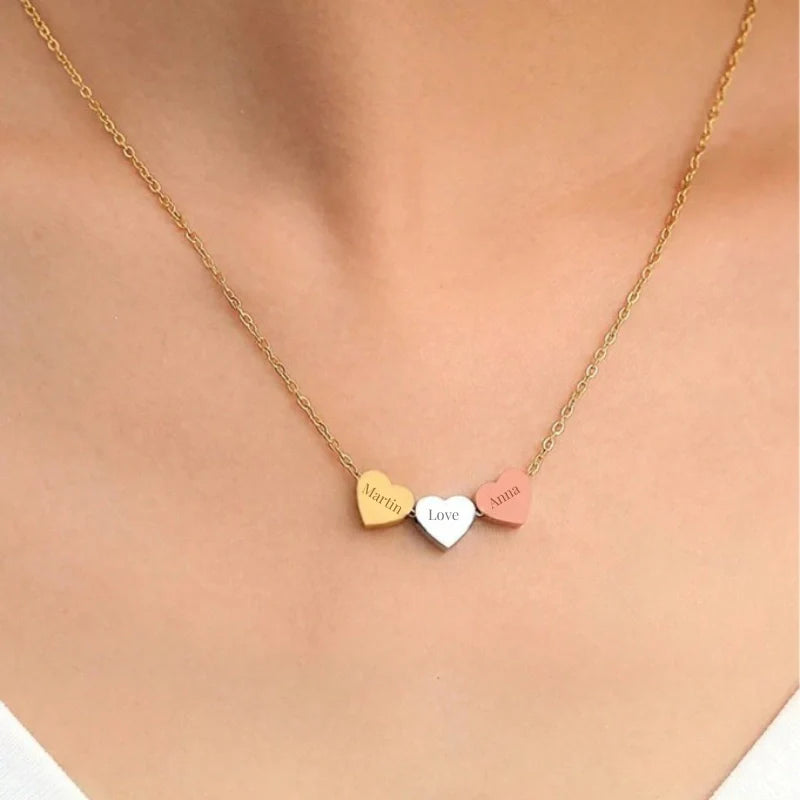 Personalized Triple Heart Pendant Necklace with Names - Jewelry for Couples