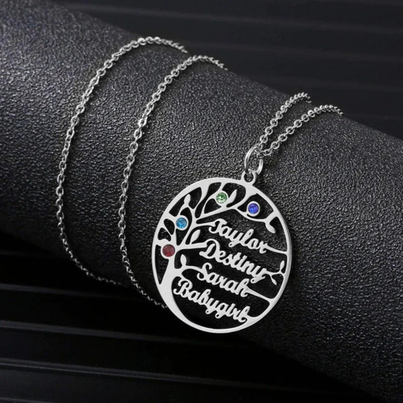 Personalized Family Tree Pendant Necklace with Names and Birthstone - Mother's Day Gifts