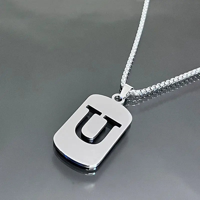 Engraved Hollow Letter Initial Pendant Necklace - Boys Necklace