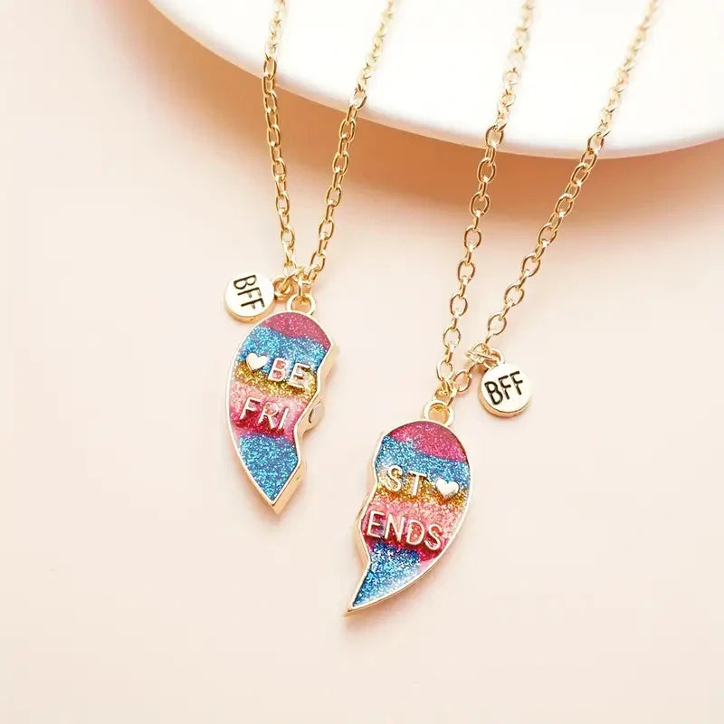 BFFs Heart Pendant Necklaces with Rainbow Glitter - Gifts for Friends