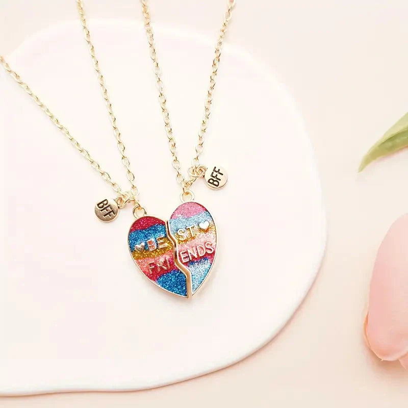 BFFs Heart Pendant Necklaces with Rainbow Glitter - Gifts for Friends