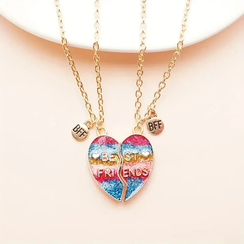 BFFs Heart Pendant Necklaces with Rainbow Glitter - Gifts for Friends