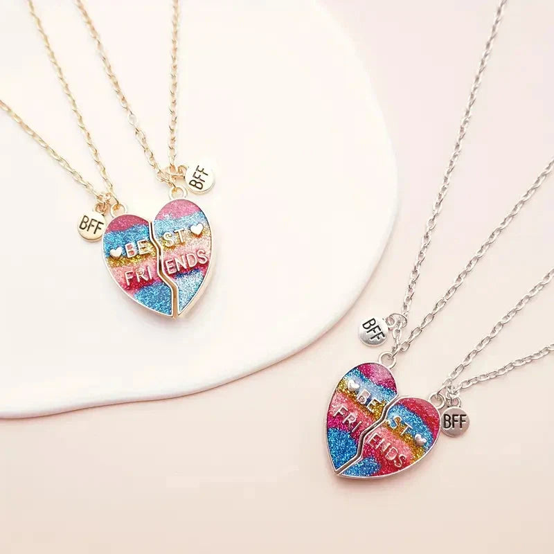 BFFs Heart Pendant Necklaces with Rainbow Glitter - Gifts for Friends