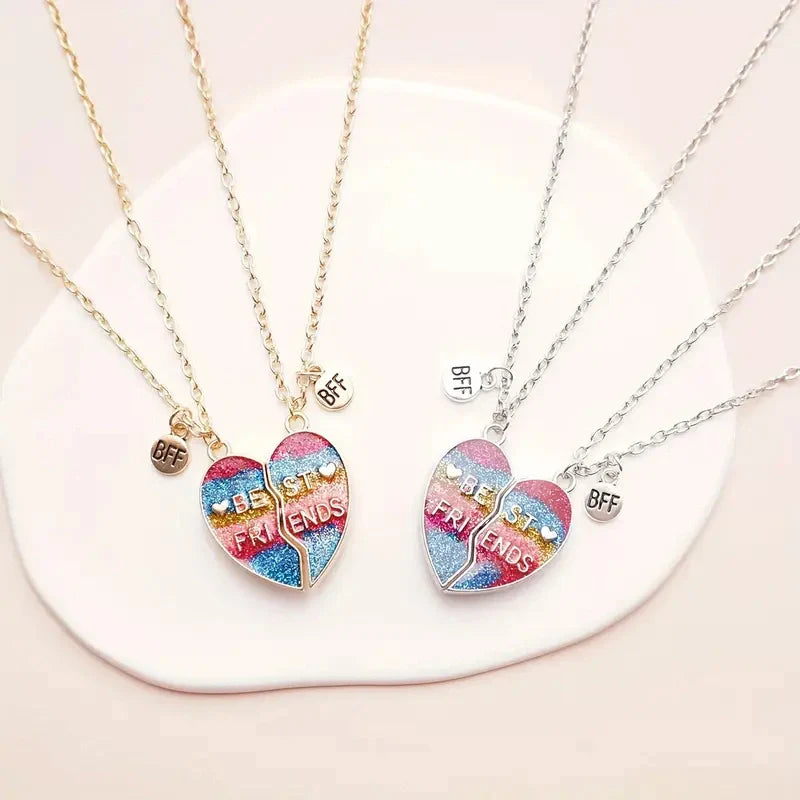 BFFs Heart Pendant Necklaces with Rainbow Glitter - Gifts for Friends
