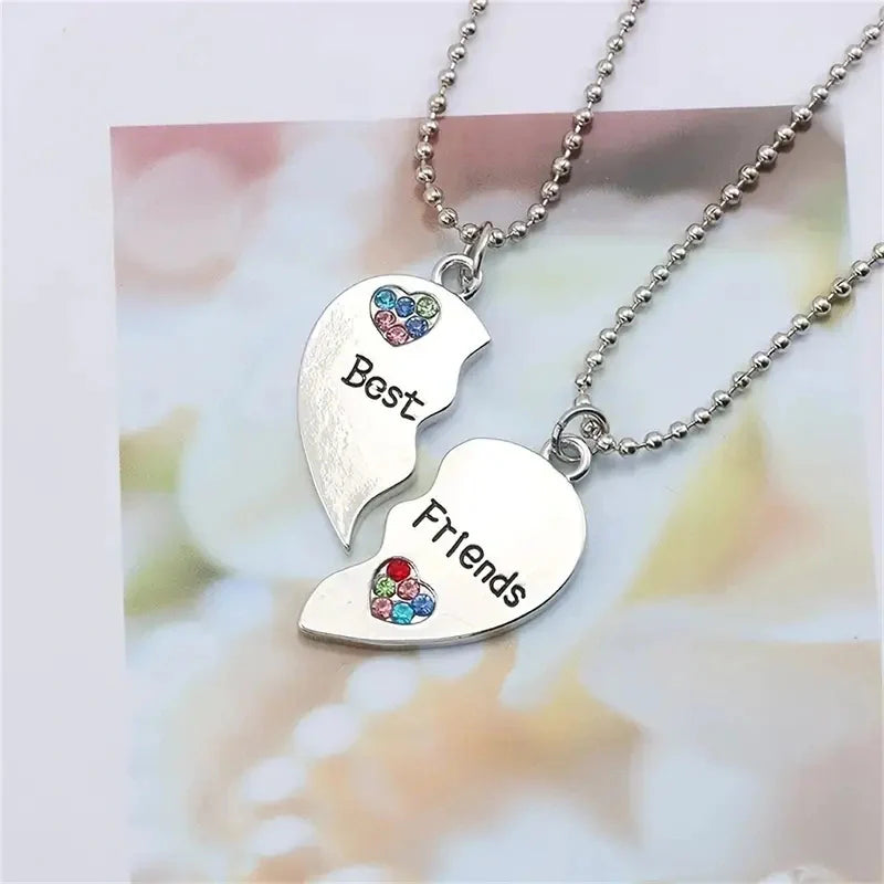 Best Friends Heart Pendant Necklace Set with Rhinestones - Gifts for Friends