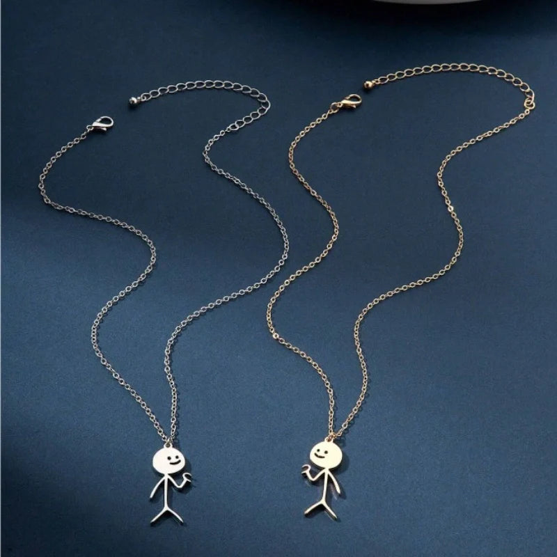 Matchstick Figure Holding Heart Necklace - Jewelry for Couples