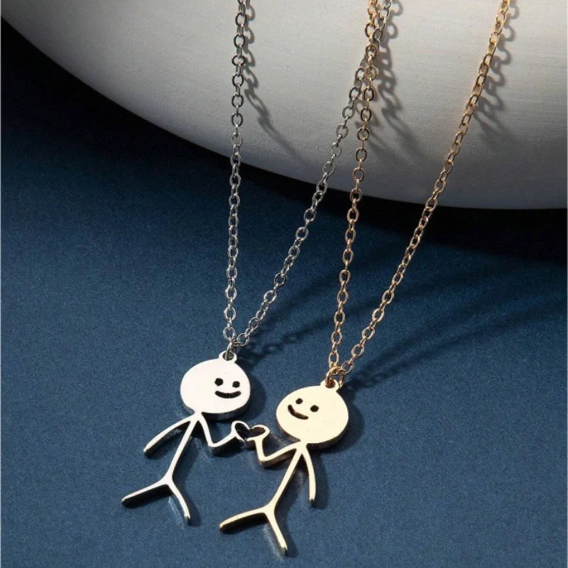 Matchstick Figure Holding Heart Necklace - Jewelry for Couples