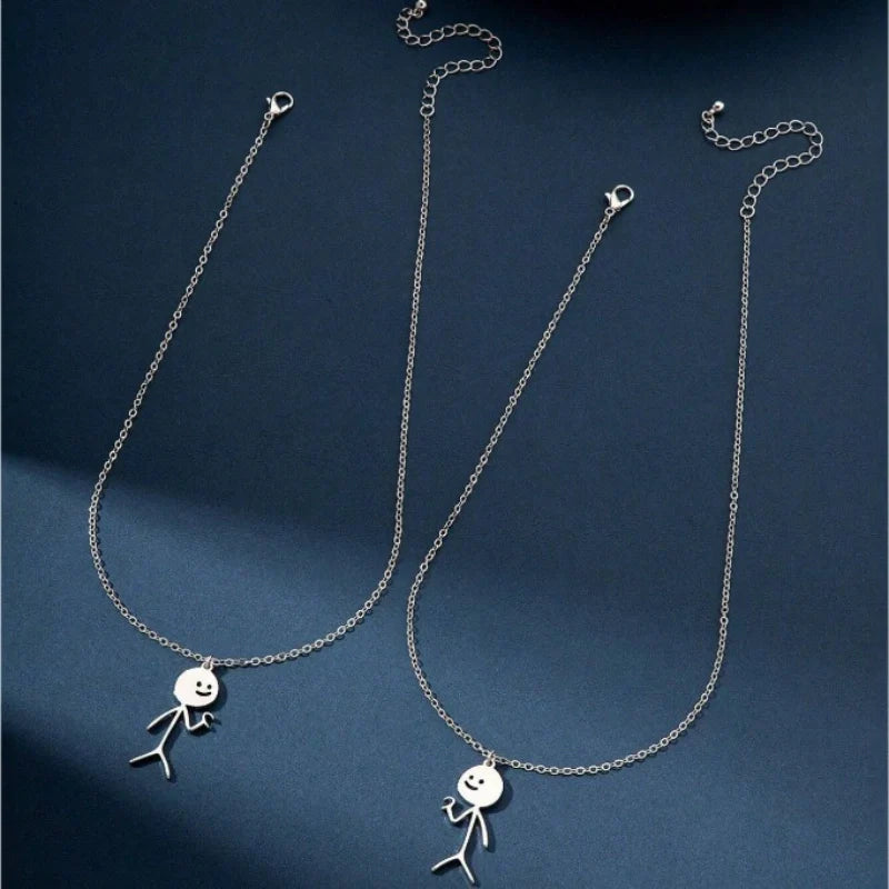 Matchstick Figure Holding Heart Necklace - Jewelry for Couples