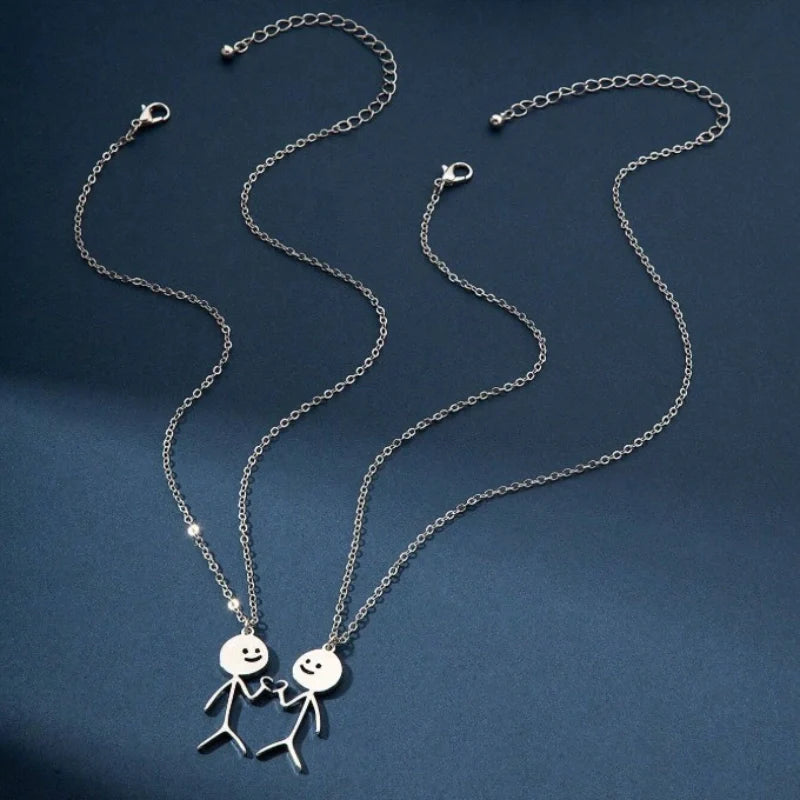 Matchstick Figure Holding Heart Necklace - Jewelry for Couples