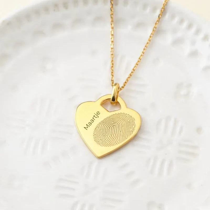 Personalized Engraved Name Heart Pendant Necklace with Fingerprint - Gifts for Her