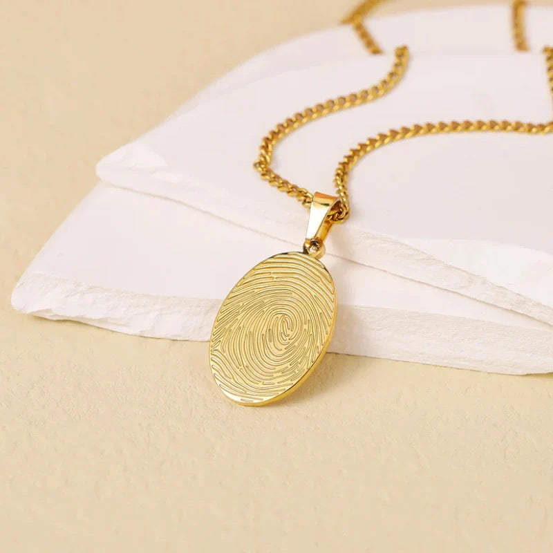 Personalized Engraved Name Oval Pendant Necklace with Fingerprint - Gifts for Her