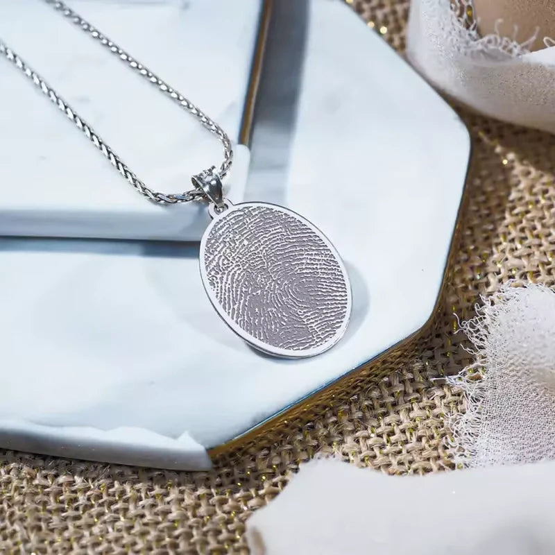 Personalized Engraved Oval Pendant Necklace with Fingerprint - Gifts for Men