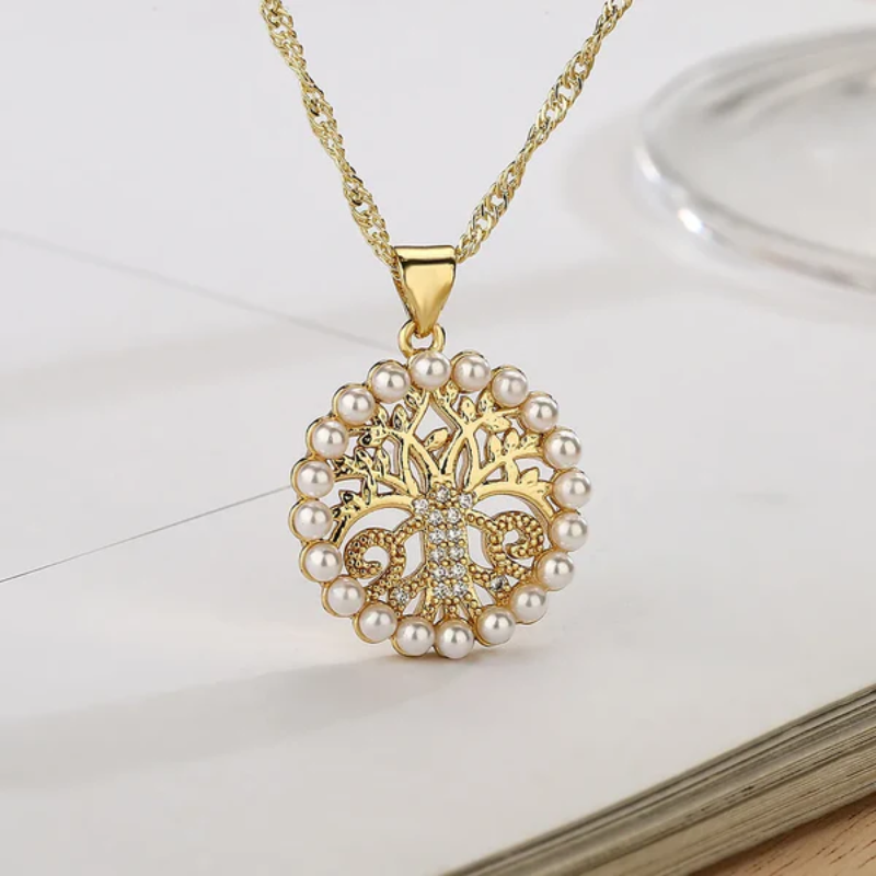 Engraved Zircon Hollow Pendant Necklace with Tree of Life - Gifts for Her
