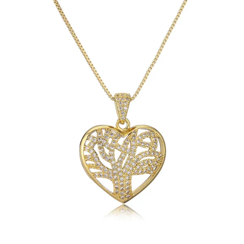 Engraved Zircon Hollow Pendant Necklace with Tree of Life - Gifts for Her