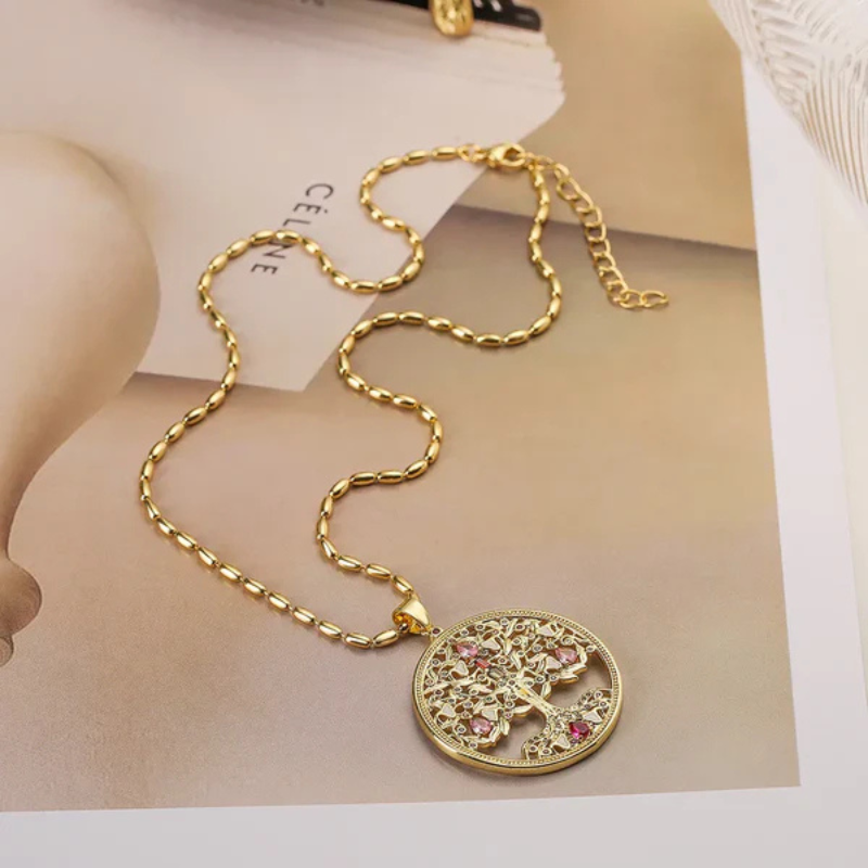 Engraved Zircon Hollow Pendant Necklace with Tree of Life - Gifts for Her