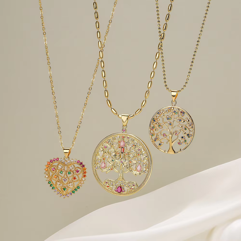 Engraved Zircon Hollow Pendant Necklace with Tree of Life - Gifts for Her