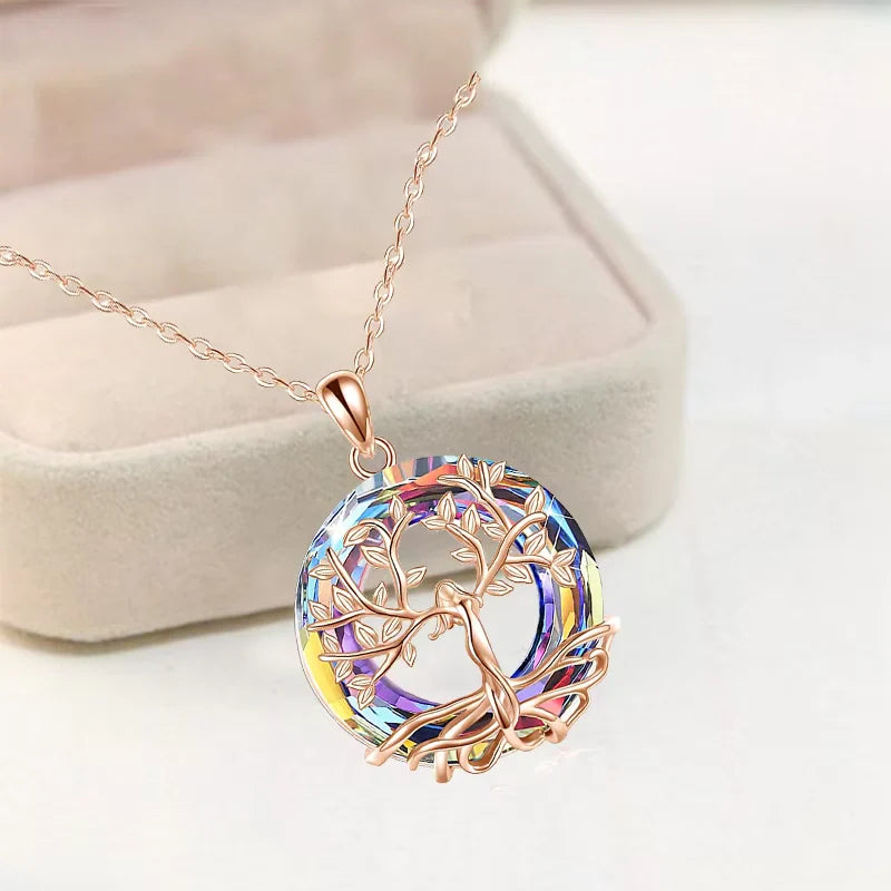 Engraved Colorful Round Pendant with Tree of Life - Women's Necklace