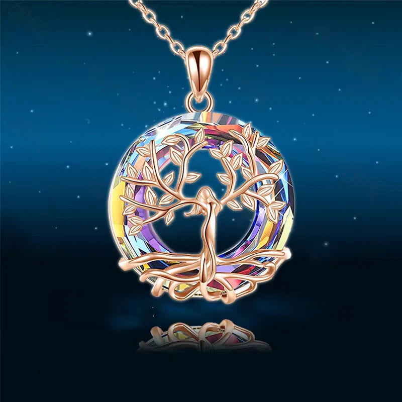 Engraved Colorful Round Pendant with Tree of Life - Women's Necklace