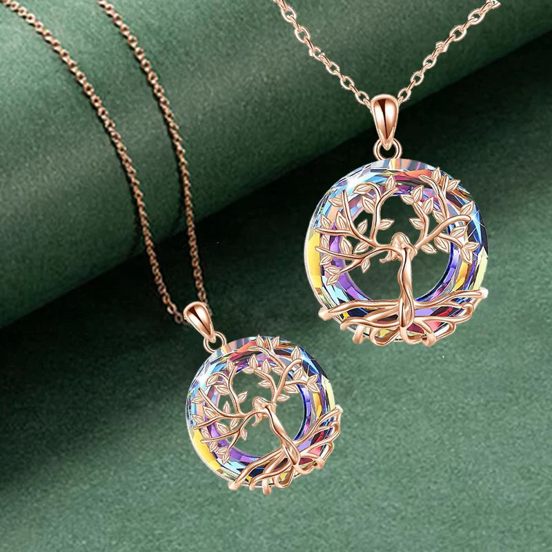 Engraved Colorful Round Pendant with Tree of Life - Women's Necklace