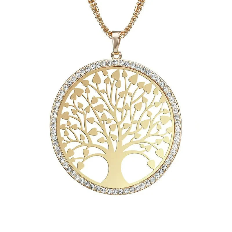 Engraved Crystal Charm Pendant Necklace with Tree of Life - Women's Necklace