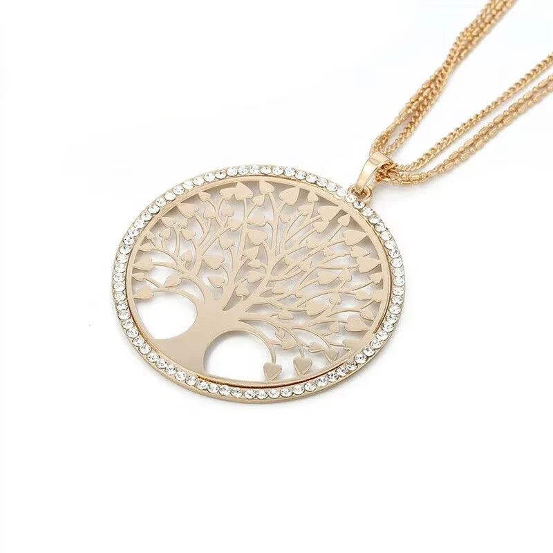 Engraved Crystal Charm Pendant Necklace with Tree of Life - Women's Necklace