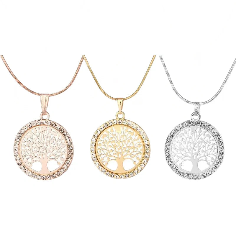Engraved Crystal Charm Pendant Necklace with Tree of Life - Women's Necklace