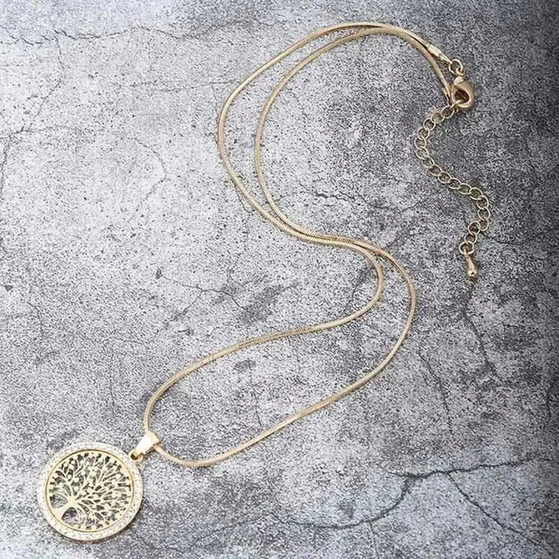 Engraved Crystal Charm Pendant Necklace with Tree of Life - Women's Necklace