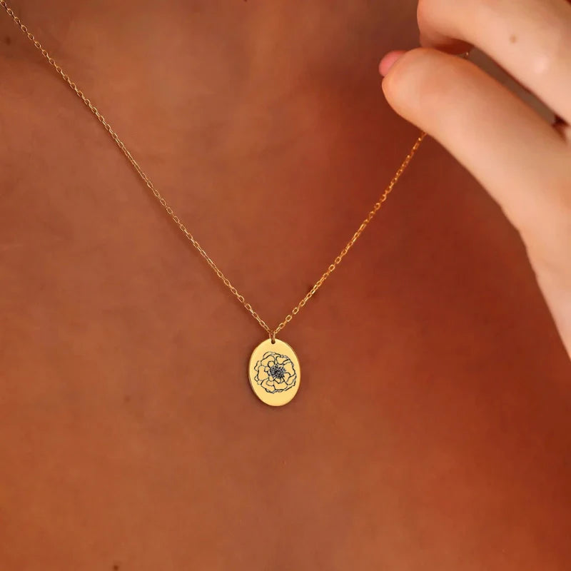 Personalized Oval Disc Birth Flower Necklace - Gifts for Her