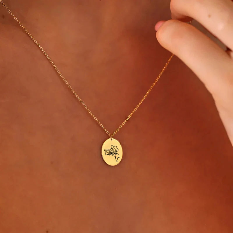 Personalized Oval Disc Birth Flower Necklace - Gifts for Her