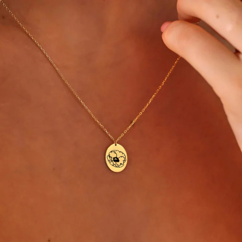 Personalized Oval Disc Birth Flower Necklace - Gifts for Her