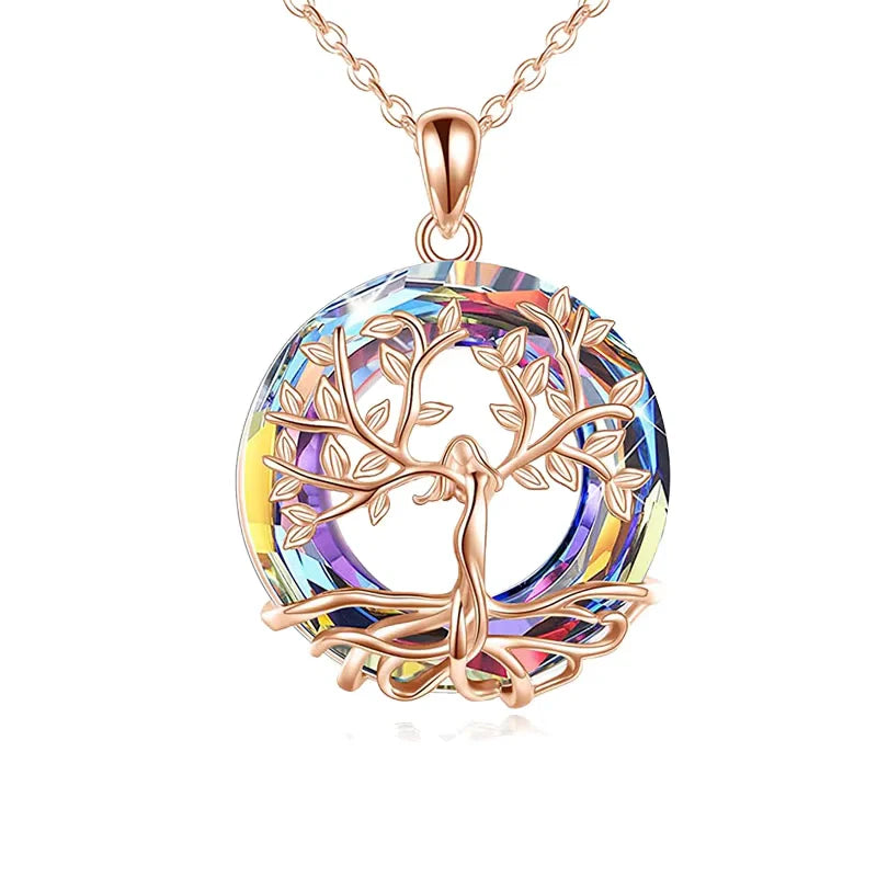 Engraved Colorful Round Pendant with Tree of Life - Women's Necklace