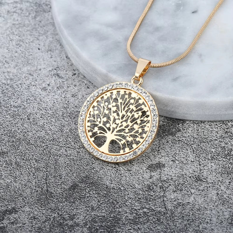 Engraved Crystal Charm Pendant Necklace with Tree of Life - Women's Necklace