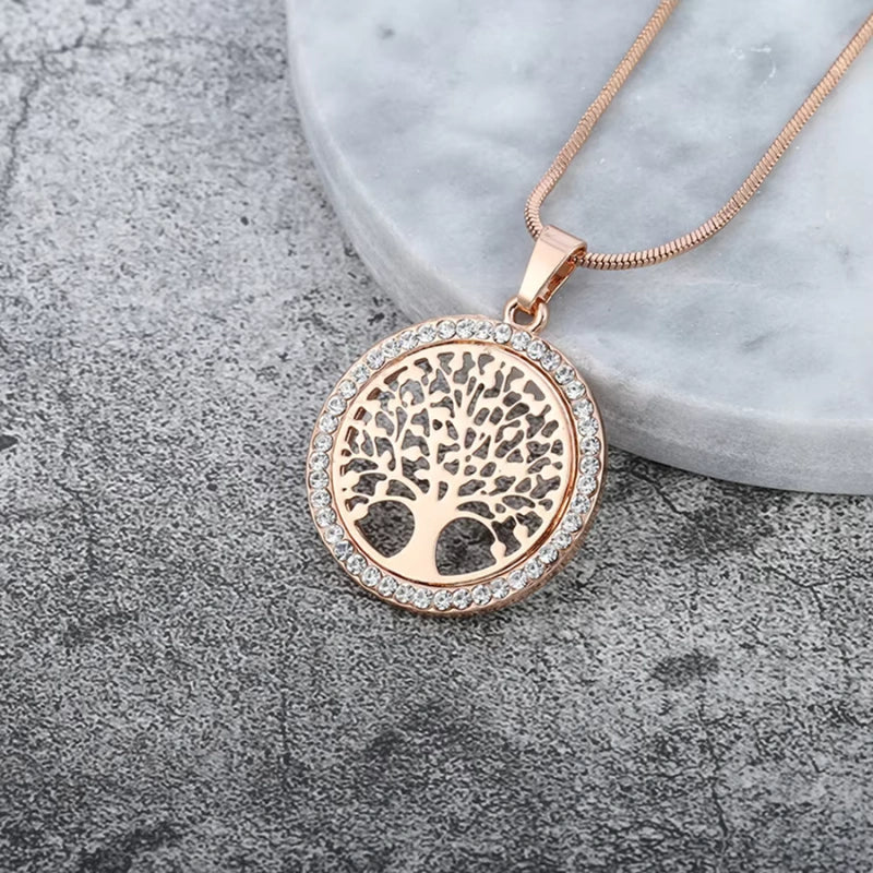 Engraved Crystal Charm Pendant Necklace with Tree of Life - Women's Necklace
