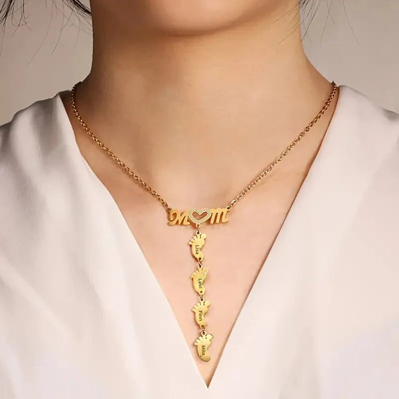 Personalized Rhinestone Mother Necklace with Baby Feet - Mother's Day Gifts