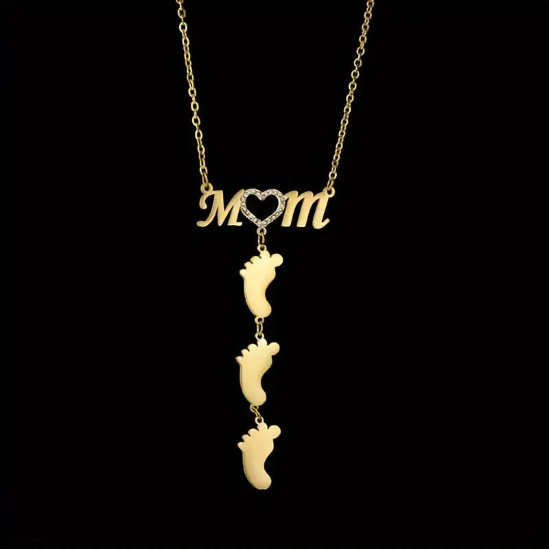 Personalized Rhinestone Mother Necklace with Baby Feet - Mother's Day Gifts