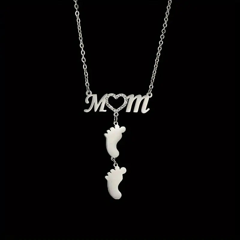 Personalized Rhinestone Mother Necklace with Baby Feet - Mother's Day Gifts