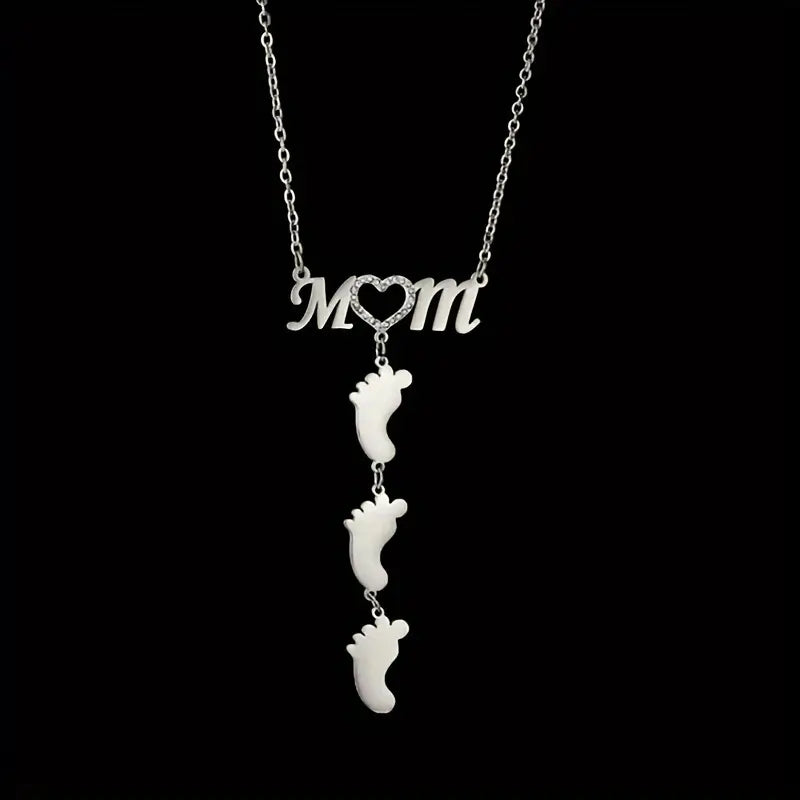 Personalized Rhinestone Mother Necklace with Baby Feet - Mother's Day Gifts