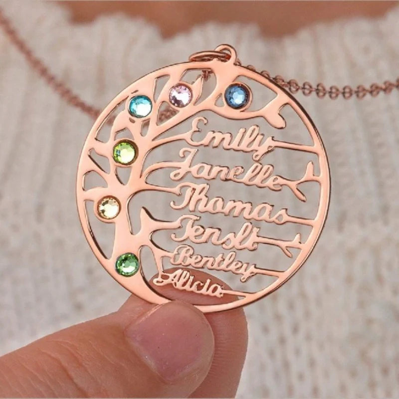 Personalized Family Tree Pendant Necklace with Names and Birthstone - Mother's Day Gifts