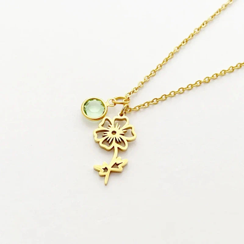 Personalized Birthstone Necklace with Birth Flower - Gifts for Her