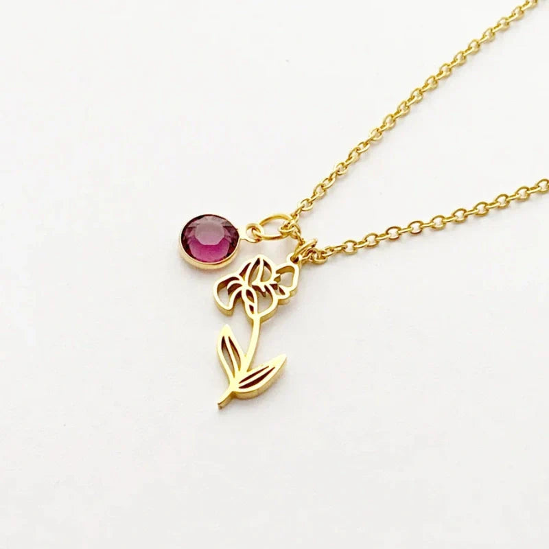 Personalized Birthstone Necklace with Birth Flower - Gifts for Her