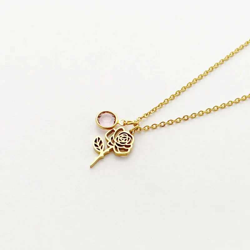 Personalized Birthstone Necklace with Birth Flower - Gifts for Her