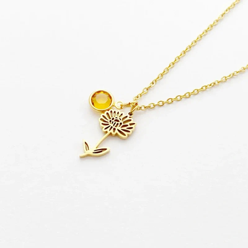 Personalized Birthstone Necklace with Birth Flower - Gifts for Her