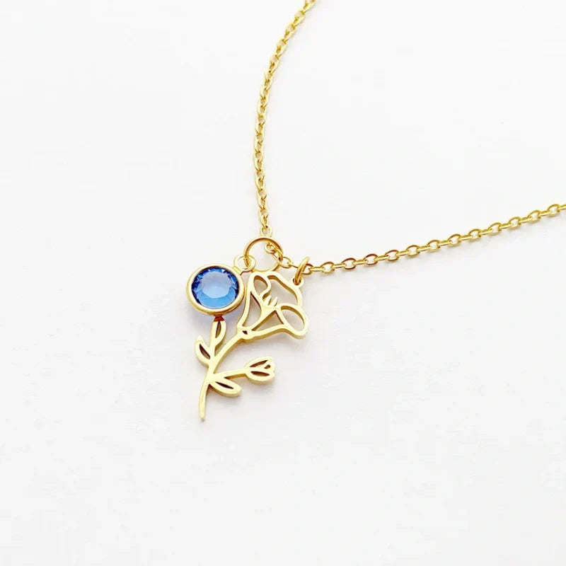 Personalized Birthstone Necklace with Birth Flower - Gifts for Her