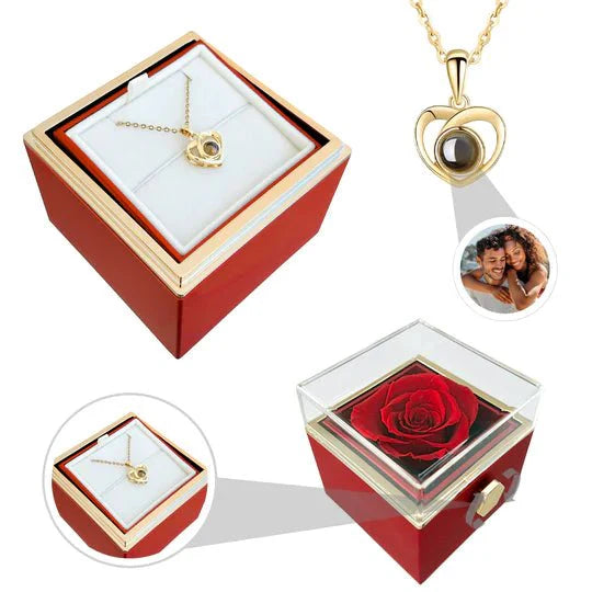 Eternal Rose Box - With Photo Projection Heart Necklace and Real Rose