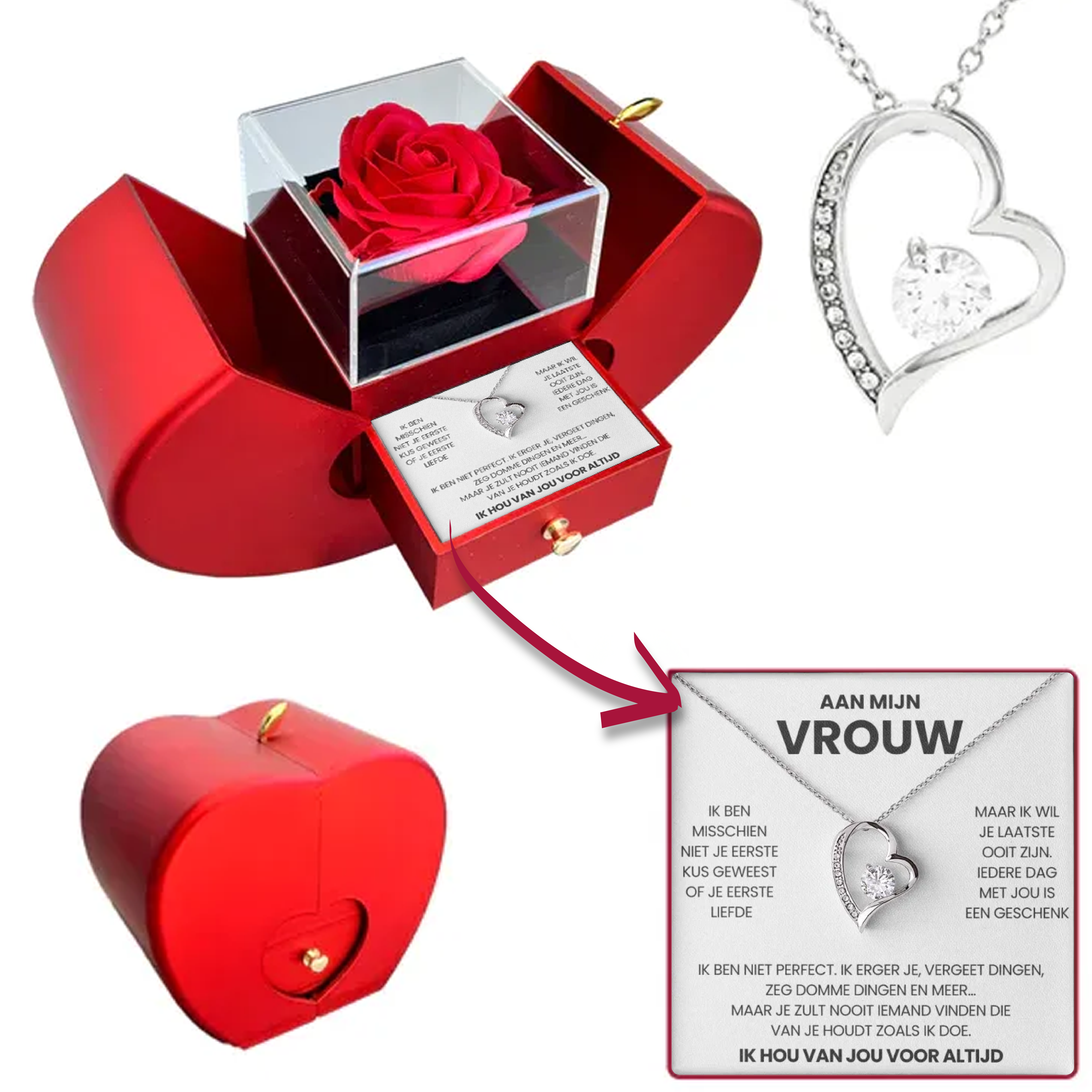 To My Wife - Eternal Rose Box - With Heart Necklace & Real Rose