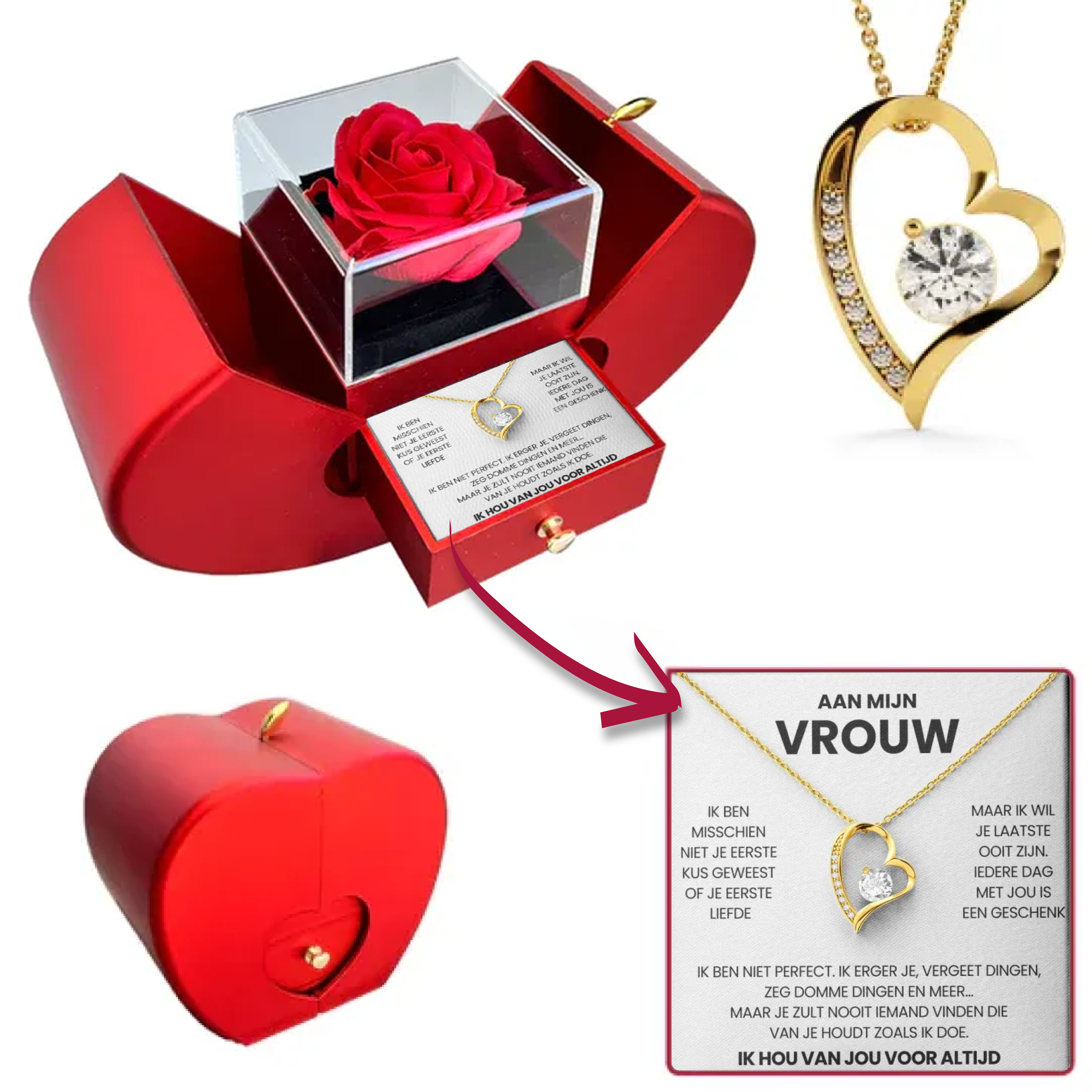 To My Wife - Eternal Rose Box - With Heart Necklace & Real Rose