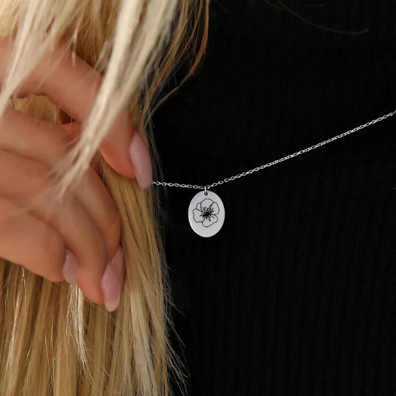 Personalized Oval Disc Birth Flower Necklace - Gifts for Her