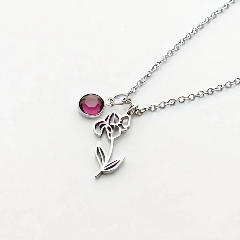 Personalized Birthstone Necklace with Birth Flower - Gifts for Her